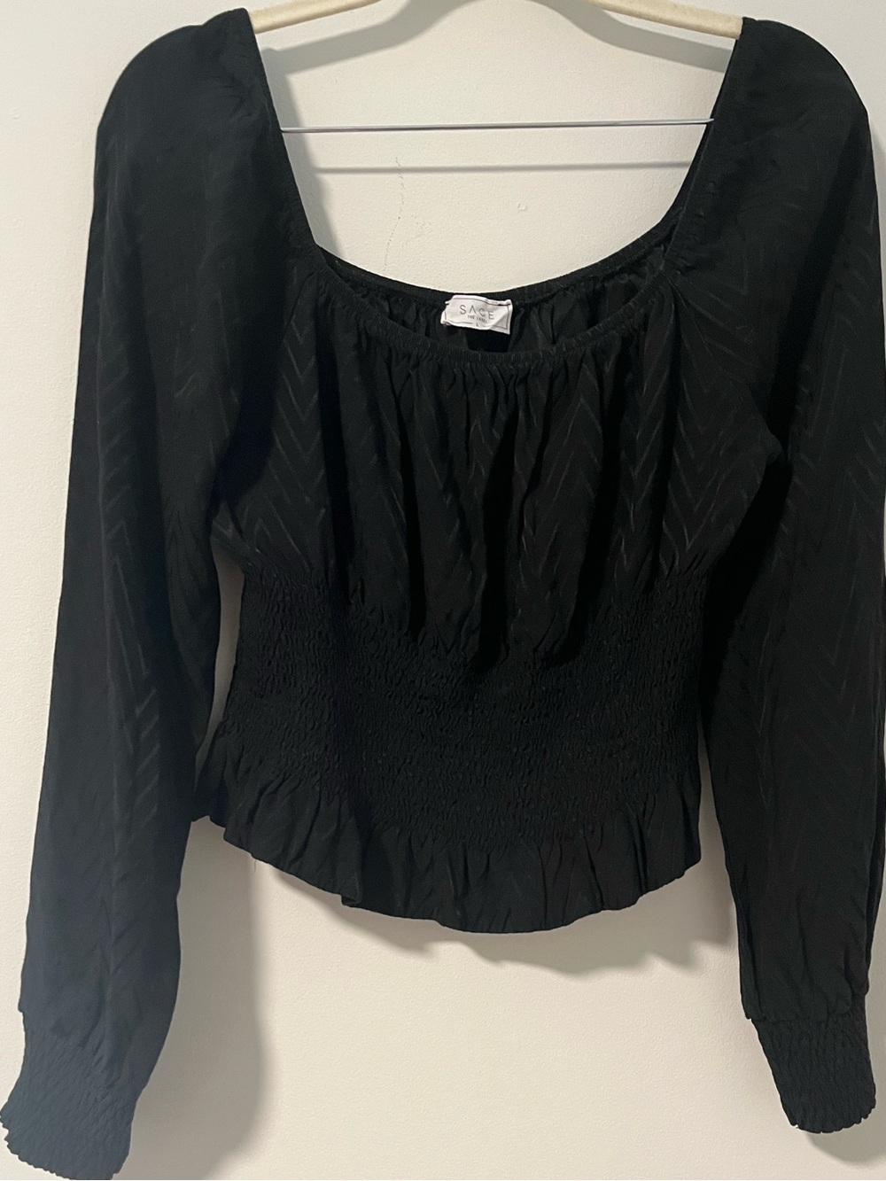 Sage The Label Black Smocked Waist Long-Sleeve Blouse